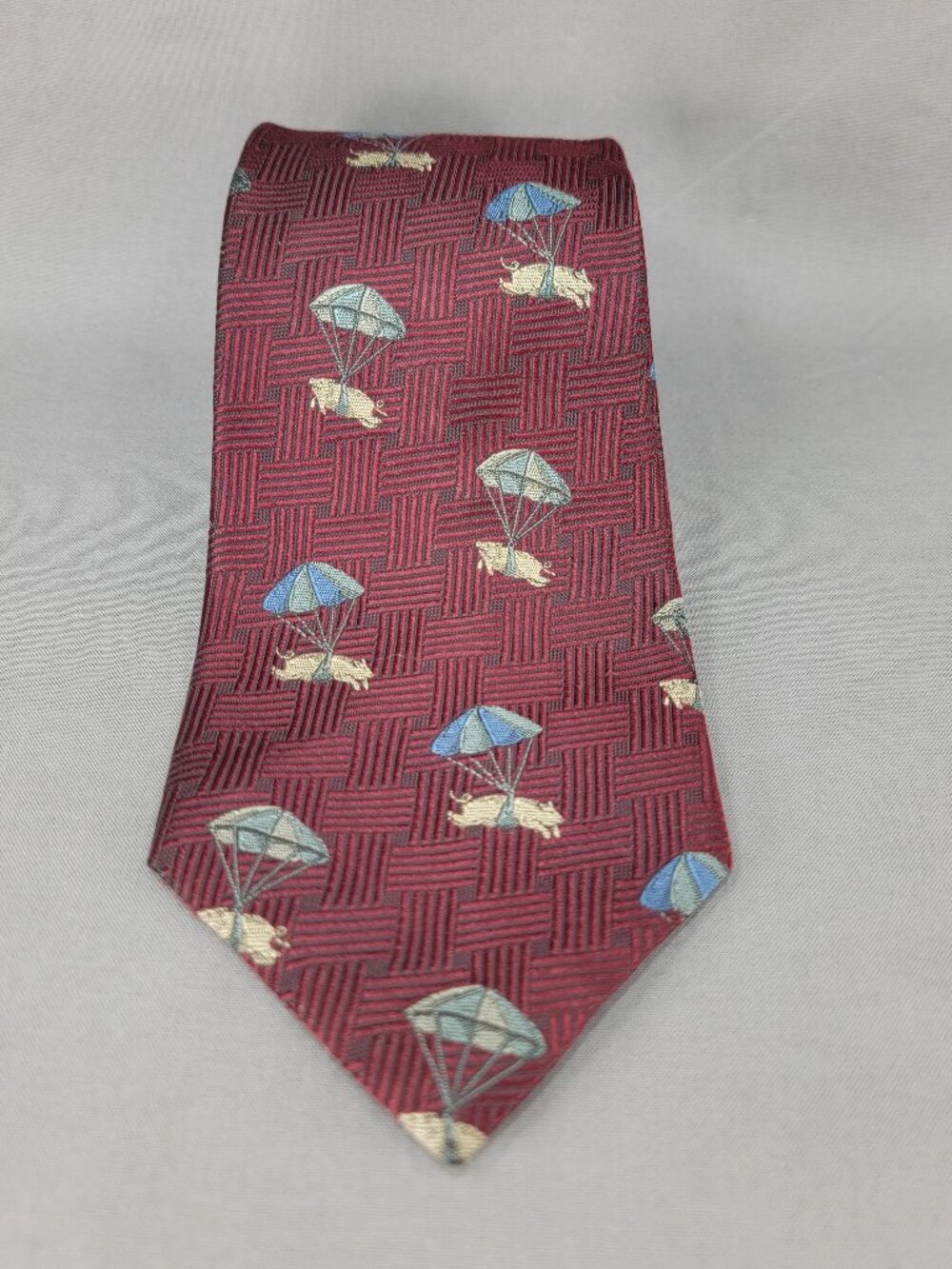 XMI 325 Series Necktie Tie Mens Maroon Blue Gray Silk Parachute Flying Pigs USA